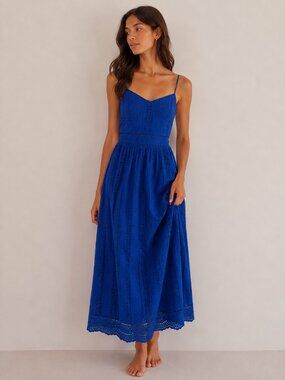 Zara Openwork Embroidered Cotton Midi Maxi Dress Royal Blue Size Medium